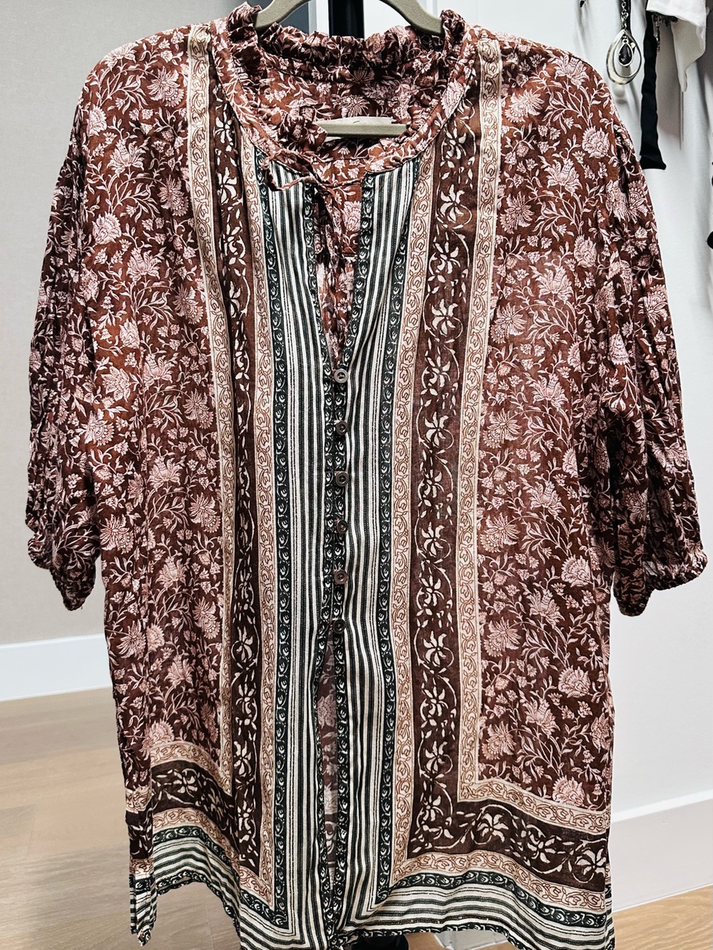 Free People Rust and Cream Floral Stripe Tie-Neck Blouse